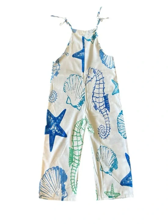 Women’s White Seashell & Seahorse Print Jumpsuit with Tie Straps - Picture 3 of 3